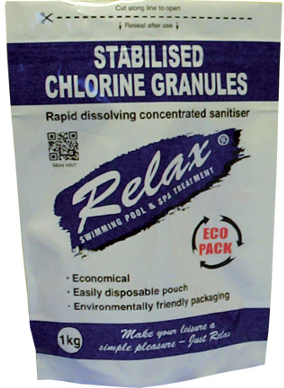 Relax Stabilised Swimming Pool Chlorine Granules 1kg Pouch 3 Relax Stabilised Swimming Pool Chlorine Granules 1kg Pouch