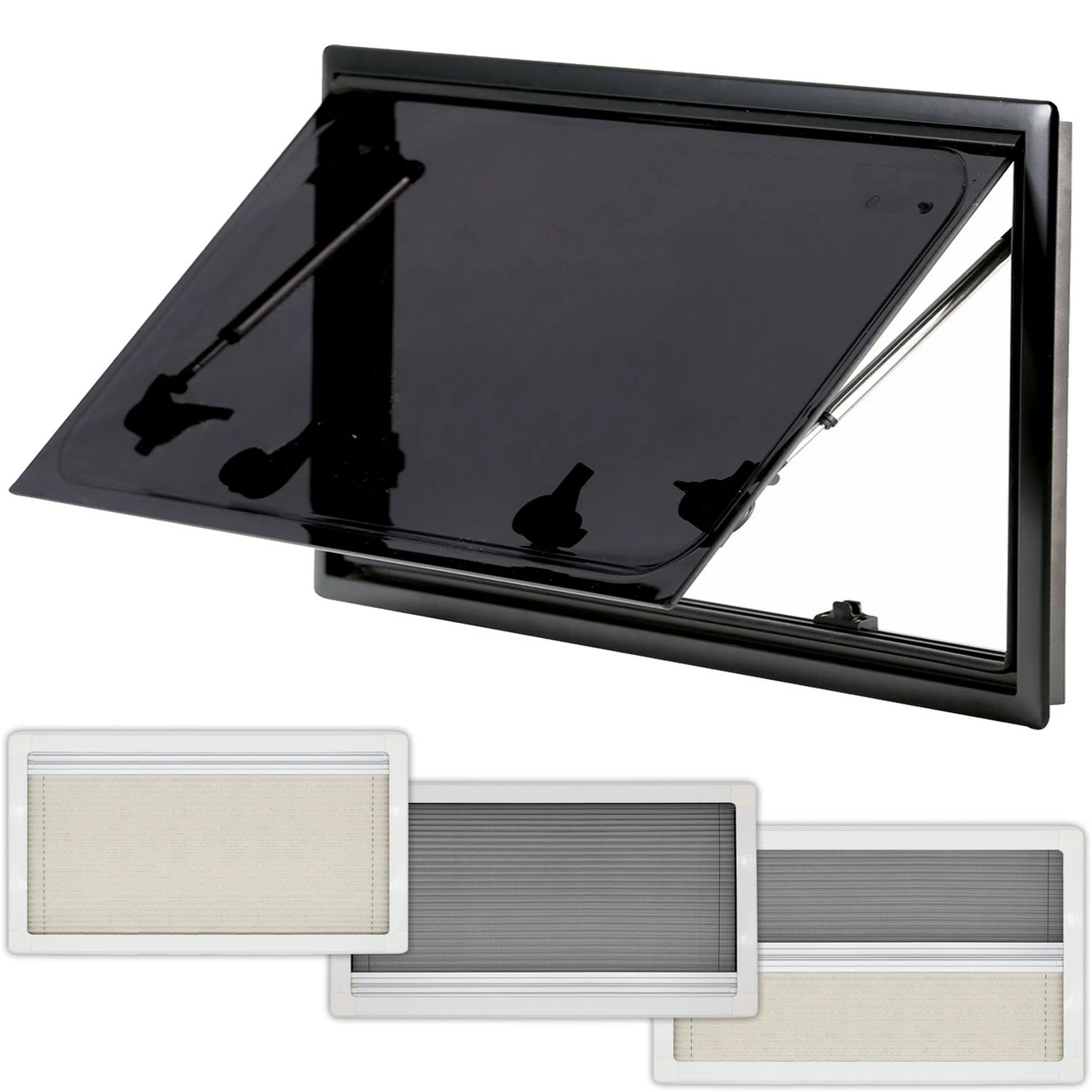 Adventurer Campervan Window With Top Hinge, Blinds & Flyscreen - Flush Acrylic Glass And Frame 3 Adventurer Campervan Window With Top Hinge, Blinds & Flyscreen - Flush Acrylic Glass And Frame